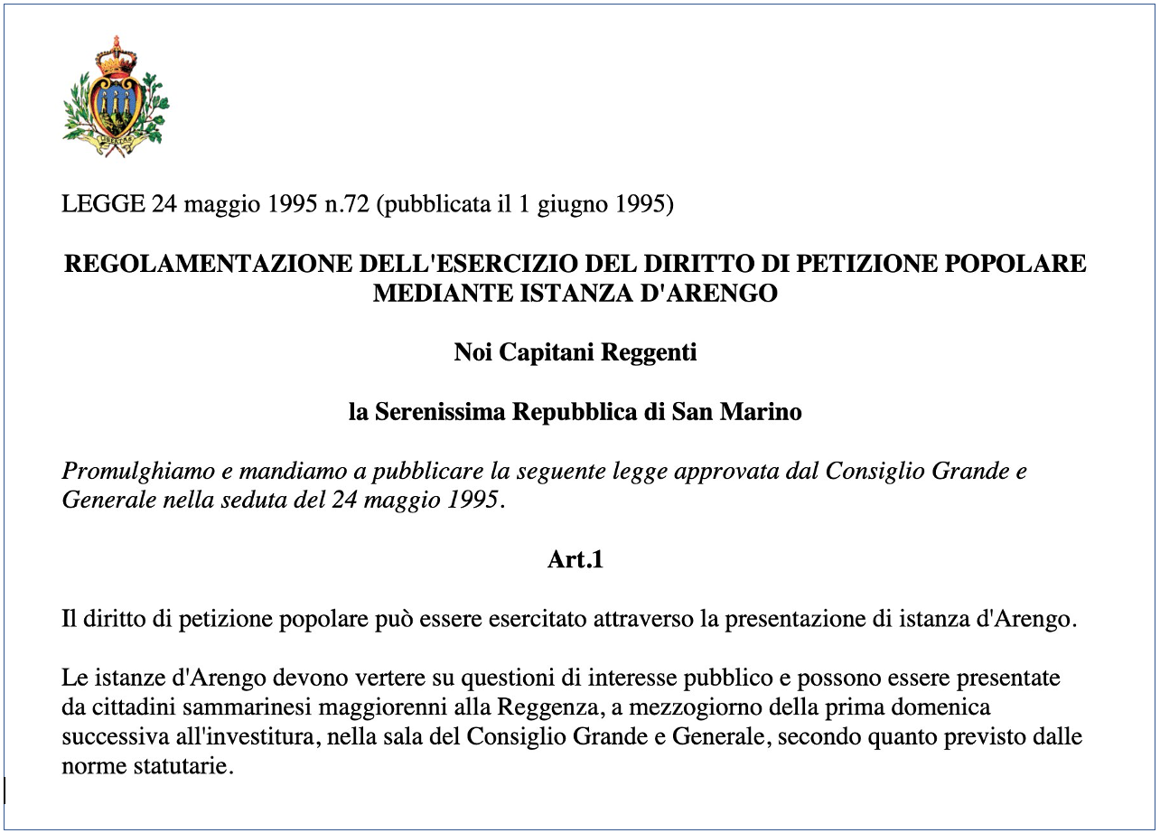 La loi rgissant l'institution de l'Instance d'Arengo